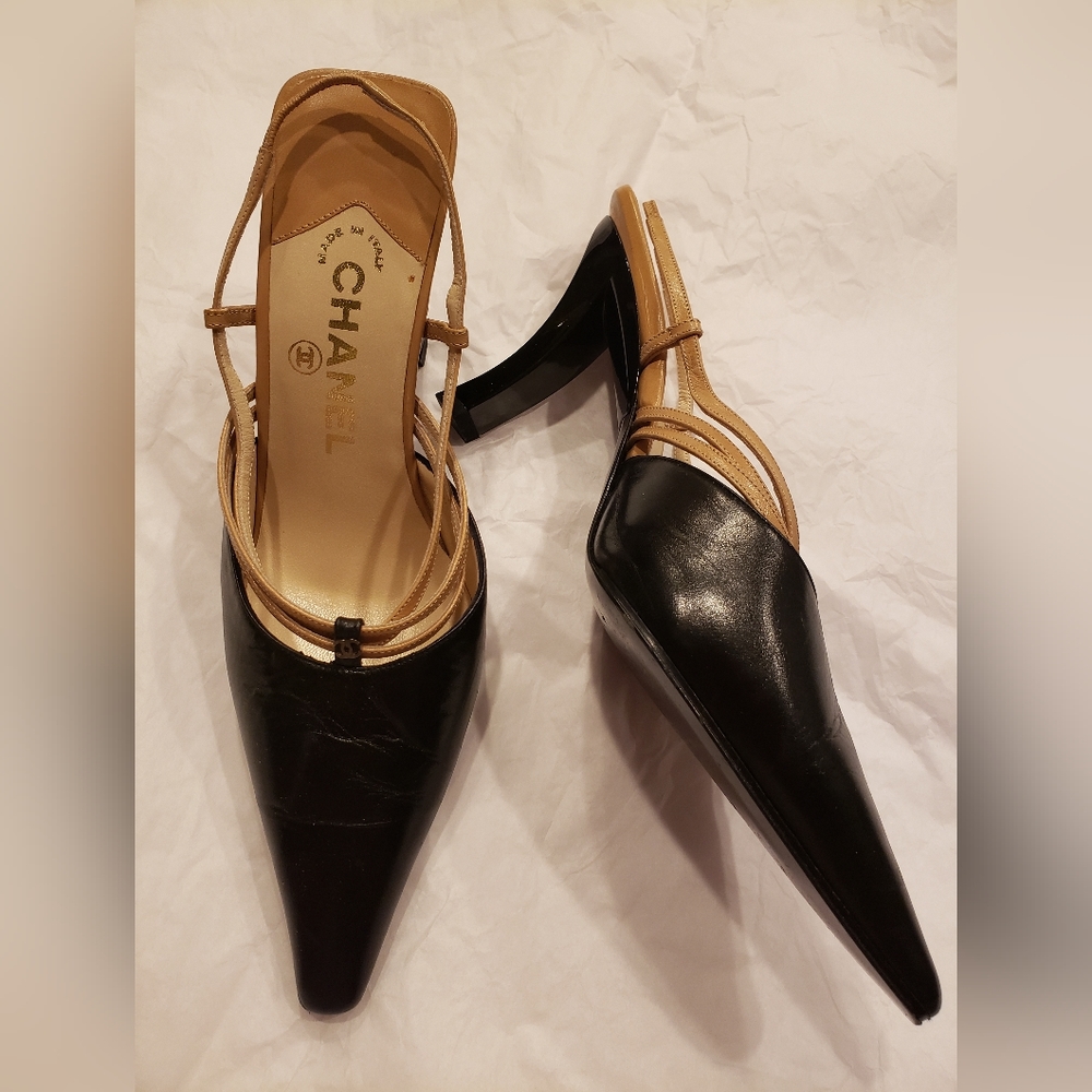 USED Chanel Shoes with Curved high Heels. Size 6.5 - Picture 2 of 13